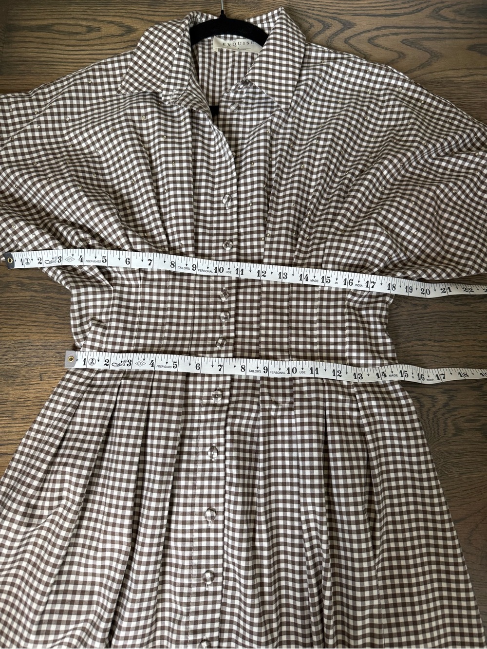 Anthropologie Exquise Tobie Studded shirt dress in brown and white gingham. S. - Picture 12 of 13